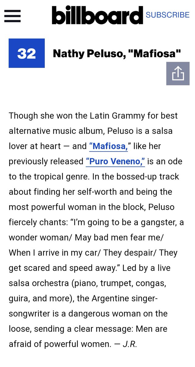 nathypsources's tweet photo. “Mafiosa” de @NathyPeluso ha sido nombrada por @billboard como uno de los mejores temas del 2021, ocupando la posición #32 🔥 https://t.co/Wmr9QOU7OG