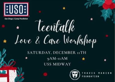 USOSanDiego's tweet image. TeenTalk- Love & Care Workshop
Join us as we partner with our friends from @TMFoundation on the @USSMidwayMuseum 
Lunch and Opportunity Drawing!
Special surprise at the end of the workshop - don't miss out!
Sat, 11 DEC
9AM-11AM
Ages: 13-17
Register: forms.gle/bnq25qMjnQUDYB…
