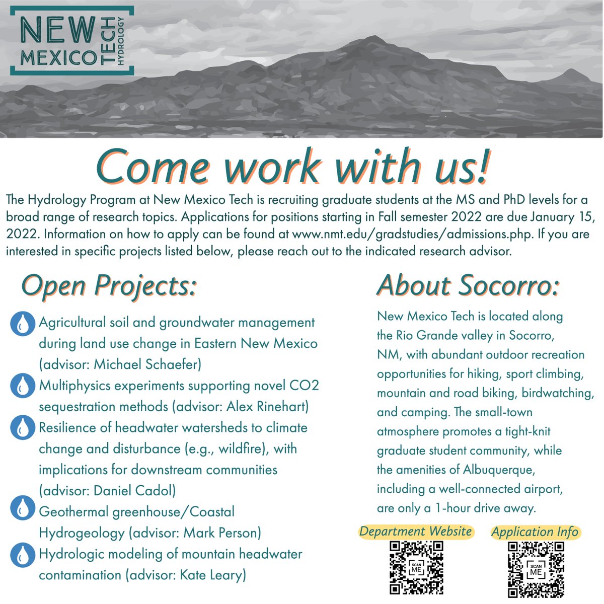 The Hydrology Program at NMT is recruiting! See the below advert for more details. 

Application Deadline is January 15, 2021

Information on how to apply can be found at nmt.edu/gradstudies/ad…

<a href="/NMT_EES/">NMT Earth & Environmental Sciences</a> <a href="/AGU_H3S/">AGU Hydrology H3S</a> <a href="/AGU_EPSP/">AGU_EPSP</a>