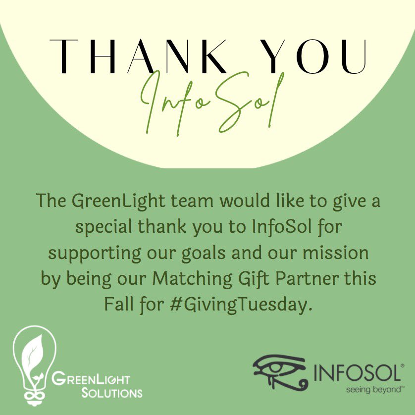 _GLSolutions_'s tweet photo. 💡 GreenLight would like to give a big thank you to our Matching Gift Partner, past project partner, and close friend @infosolinc , for doubling the impact of your community donations.
#GivingTuesday #InfoSol #GoGreenLight #SustainableDevelopment #ThankYou https://t.co/0X5BLytRp5