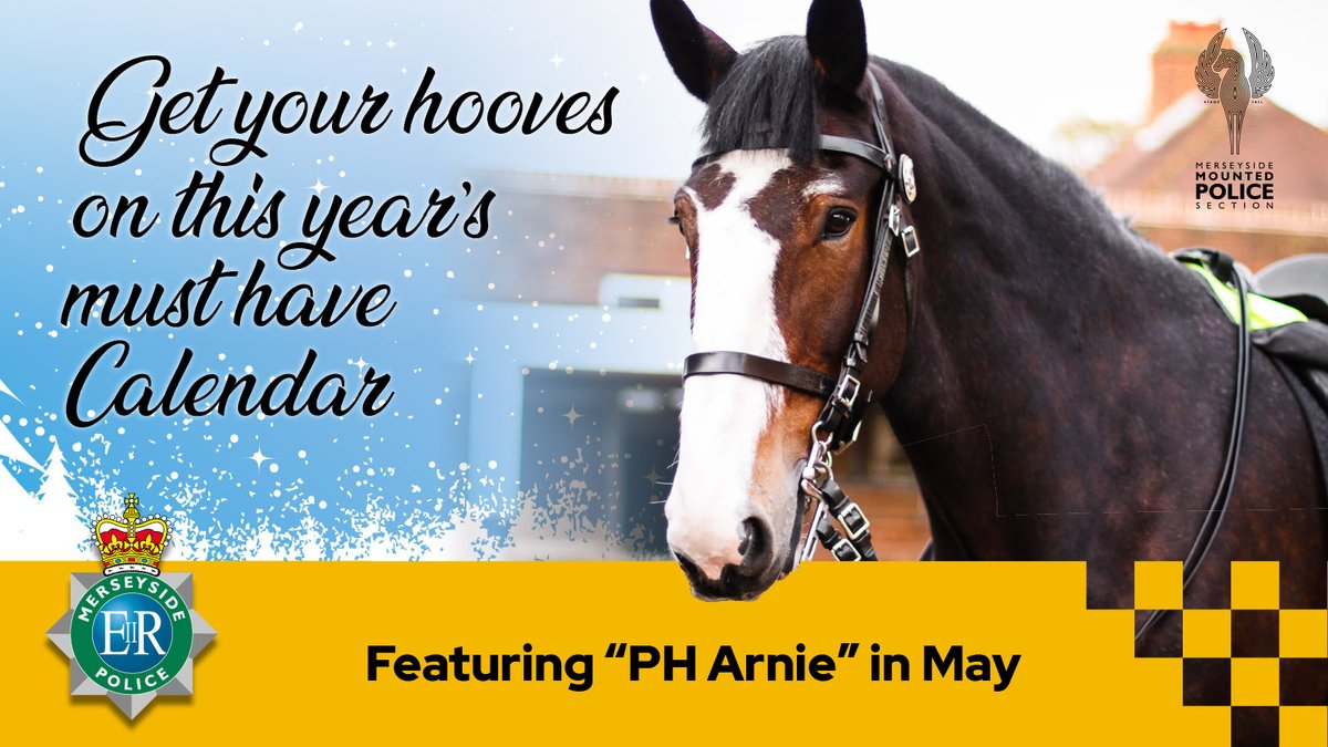 MerseyPolice's tweet photo. SHARE | 2022 is just around the corner and what better way to look forward than launching our new @MerPolMounted #calendar? 

The money raised will go to the Stand Tall Foundation and for general welfare of #horses like Arnie. Get yours here today: https://t.co/bgZFt1qIsF https://t.co/PfpSCfve8t