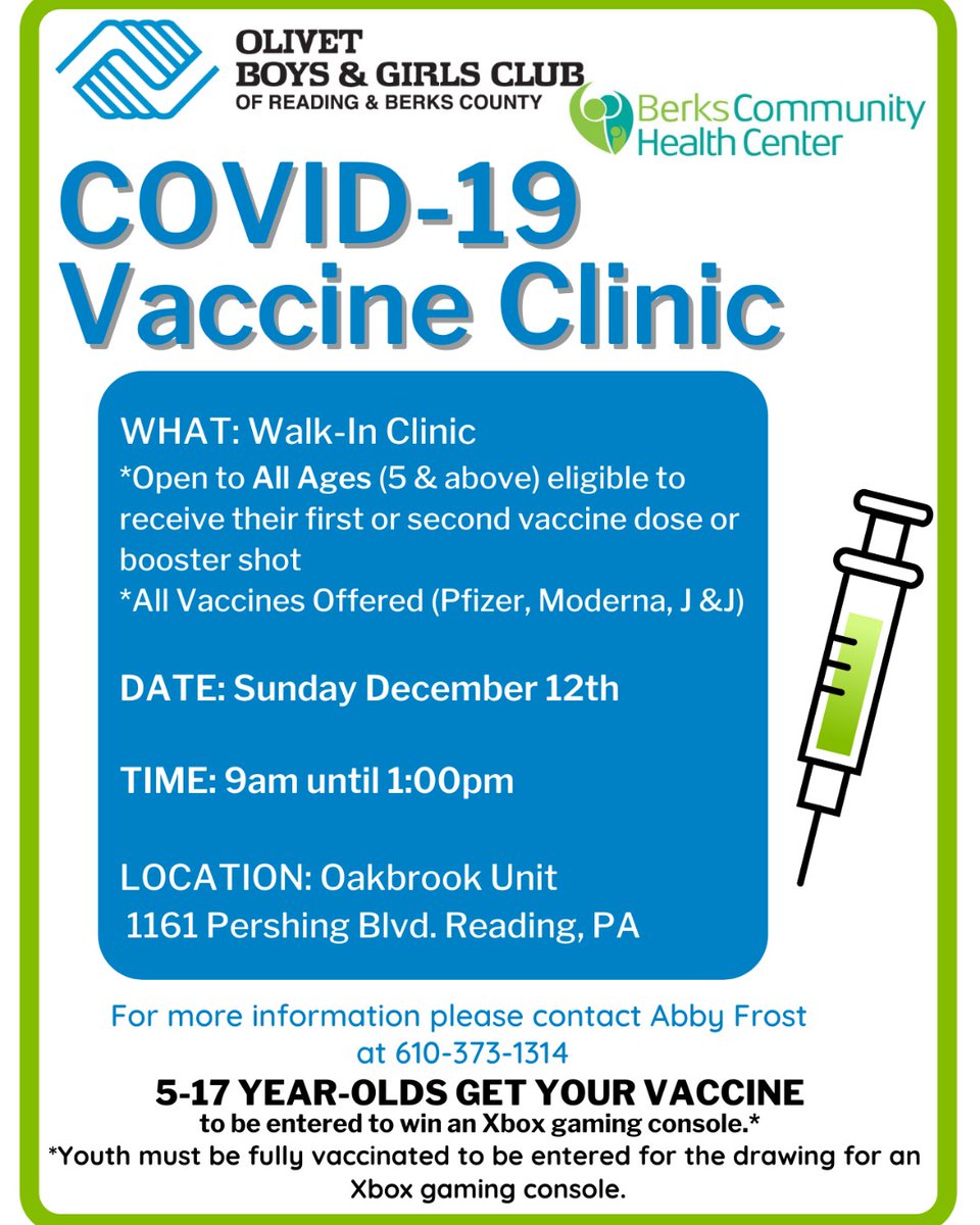 BCHC will be out in the community this weekend holding walk up vaccine clinics including one at Olivet Boys &amp; Girls Club in Oakbrook on Sunday, 12/12 from 9:00 am - 1:00 pm!  Always check our website for the most up to date information on locations and vaccine availability.