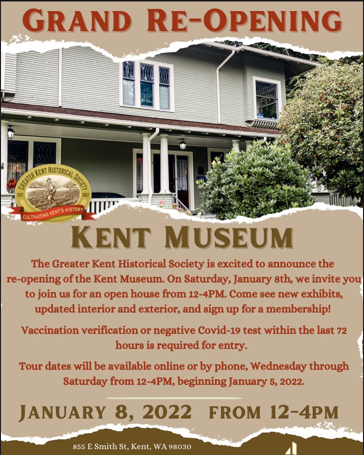 New Year, New Museum! Save the date, the Kent Museum is reopening on January 8th. We will be having an open house from 12-4PM,and We will start accepting reservations for tours, resuming January 5th. Come and see the new look of the museum! For more info please visit our website!
