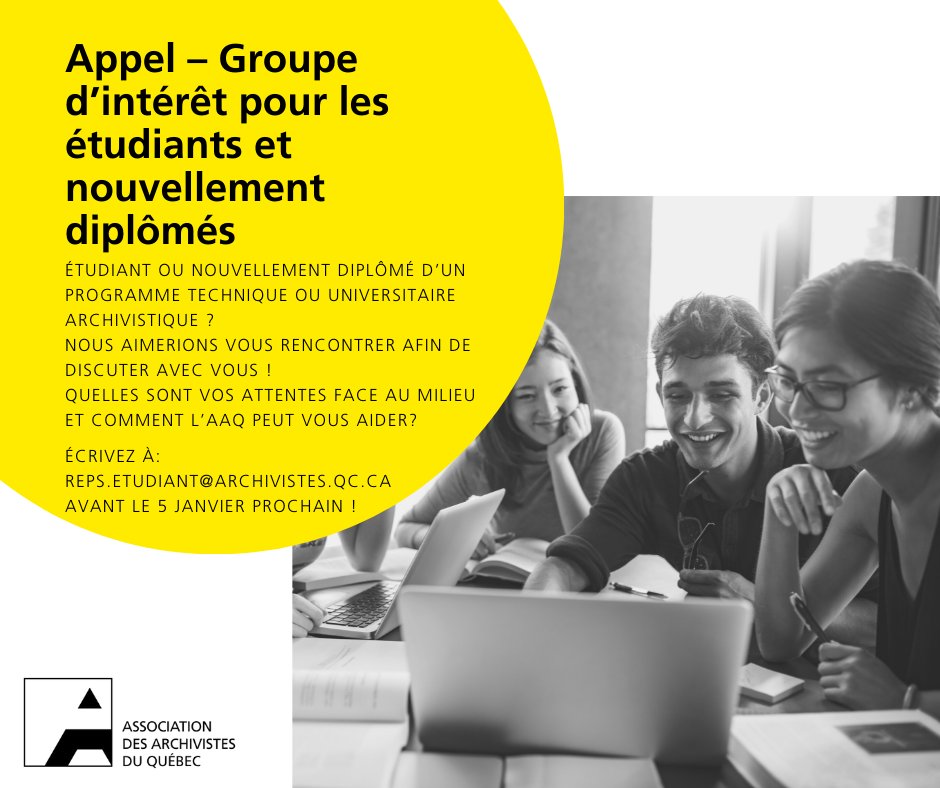 AAQ (@archivistesqc) on Twitter photo 📣 Oyé Oyé !
Appel - Groupe d'intérêt pour les étudiants et les nouvellement diplômés <a href="/techdoctr/">Techdoctr</a> <a href="/CdeMaisonneuve/">Collège Maisonneuve</a> <a href="/techdoctr/">Techdoctr</a> <a href="/CegepGarneau/">Cégep Garneau</a> <a href="/CegepOutaouais/">CegepOutaouais</a> <a href="/EBSI_umontreal/">EBSI_umontreal</a> <a href="/universitelaval/">Université Laval</a> <a href="/UQAM/">UQAM | Université du Québec à Montréal</a> <a href="/mcgillsis/">McGill SIS</a> Nous aimerions vous rencontrer !
archivistes.qc.ca/2021/12/03/__t… 📣 Oyé Oyé !
Appel - Groupe d'intérêt pour les étudiants et les nouvellement diplômés <a href="/techdoctr/">Techdoctr</a> <a href="/CdeMaisonneuve/">Collège Maisonneuve</a> <a href="/techdoctr/">Techdoctr</a> <a href="/CegepGarneau/">Cégep Garneau</a> <a href="/CegepOutaouais/">CegepOutaouais</a> <a href="/EBSI_umontreal/">EBSI_umontreal</a> <a href="/universitelaval/">Université Laval</a> <a href="/UQAM/">UQAM | Université du Québec à Montréal</a> <a href="/mcgillsis/">McGill SIS</a> Nous aimerions vous rencontrer !
archivistes.qc.ca/2021/12/03/__t…