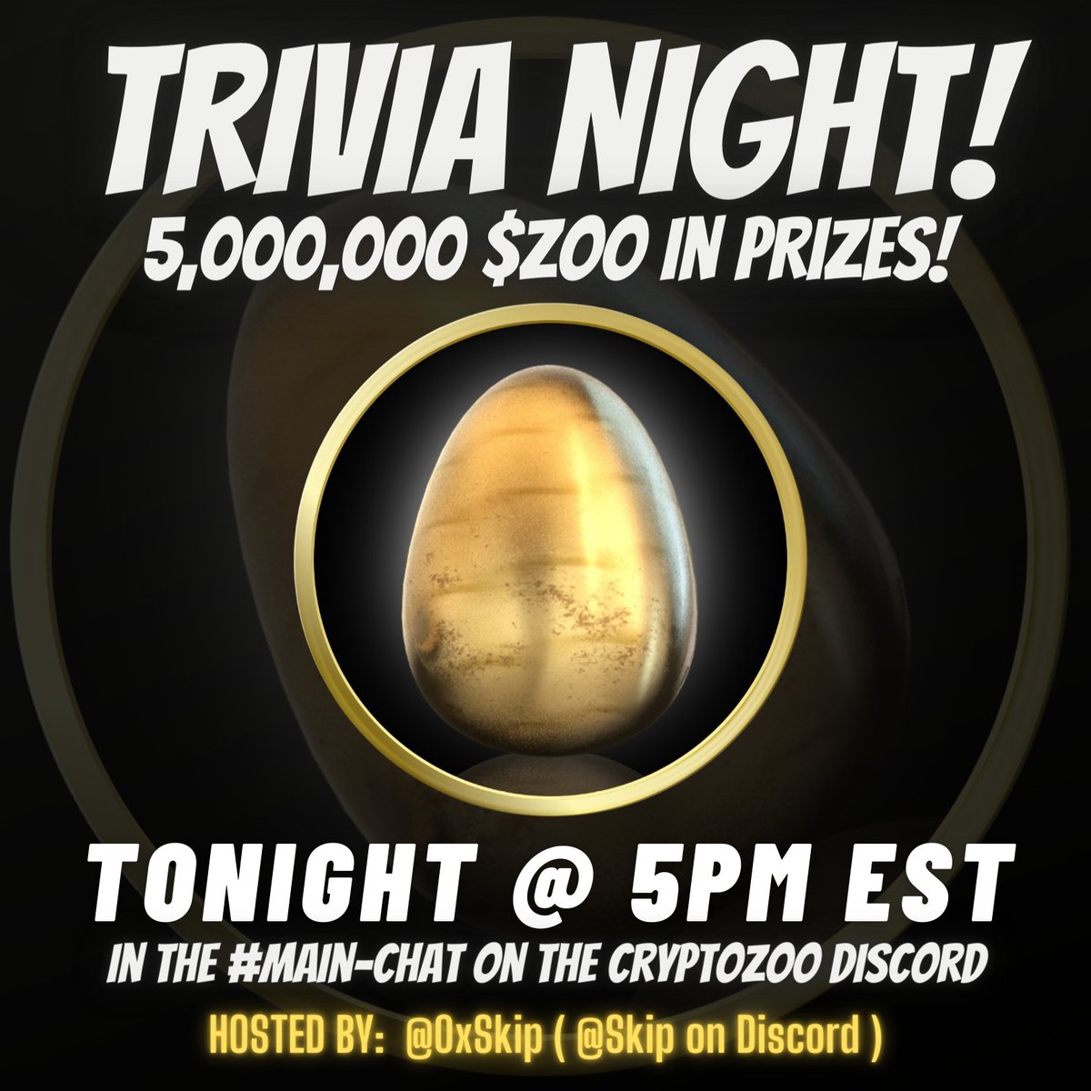 I will be hosting Trivia Night TONIGHT @ 5PM EST (10PM UTC) in the <a href="/CryptoZooCo/">CryptoZoo</a> Discord Server.

There will be 5,000,000 $ZOO Coin worth of prizes spread across 10 questions. 

RETWEET THIS TO SPREAD THE WORD!

Join the CryptoZoo Server: discord.gg/nKkFXrVE76

#CryptoZoo