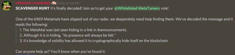 MetamalsNFT's tweet photo. THE SCAVENGER HUNT IS ON!

Join our Discord to get a chance at one of the 20 whitelist spots! Good luck MetaTamer. https://t.co/Kyig0QzGgj