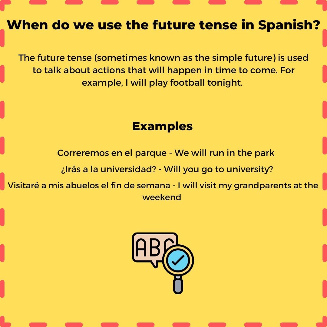 LearnLangwiches's tweet photo. Today’s post is all about the Future Tense in Spanish. 🇪🇸 This tense is used for actions to come, make sure you learn the endings off by heart to make translations and your understanding of Spanish even better! 📚✏️ #spanish #futuretense #exams #language #learning https://t.co/YGvPIsbca7