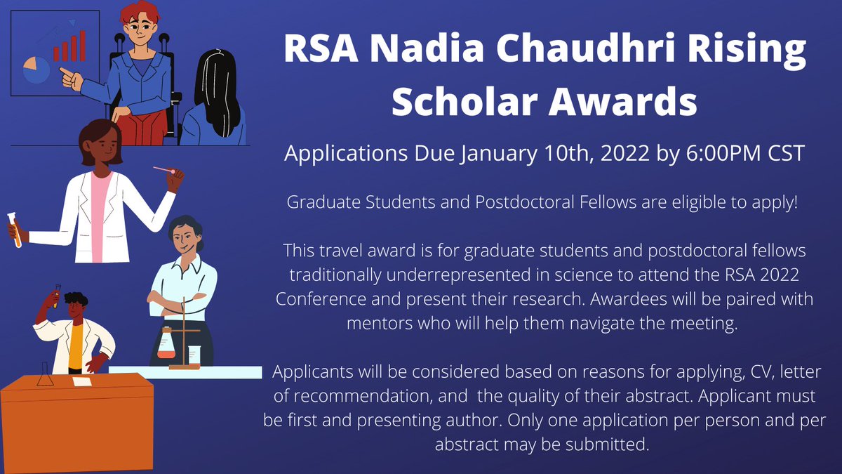 RSA is accepting applications for the Nadia Chaudhri Rising Scholar Award! This award funds grad students and postdocs from marginalized backgrounds to present at RSA. rsoa.org/NadiaChaudhriR… #AcademicTwitter #AcademicChatter #PhDChat #URM <a href="/apadivision50/">APA Division 50 (Society of Addiction Psychology)</a> <a href="/RSAposts/">RSA</a>