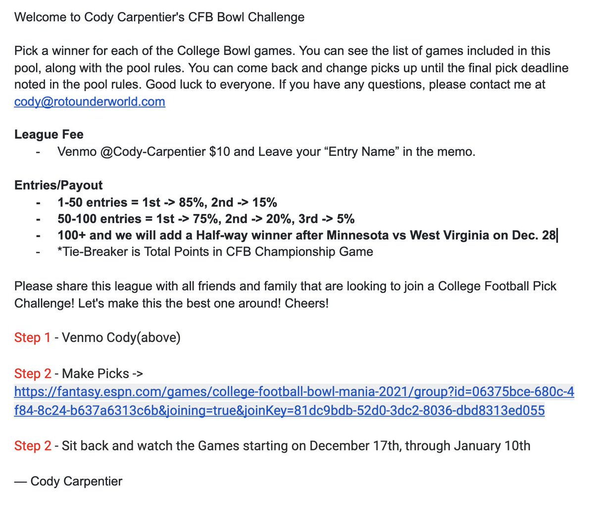 CodyCarpentier's tweet photo. 2021 College Football Bowl Pick'Em Challenge ๐ฅ
Please RT, Tag and/or Share this with all of your College Football Friends! ๐ฅ
Venmo -> @ Cody-Carpentier https://t.co/OU9s2xCOZR
Link -> https://t.co/4KNd1uVXBQ https://t.co/ZNVRsgYhAF