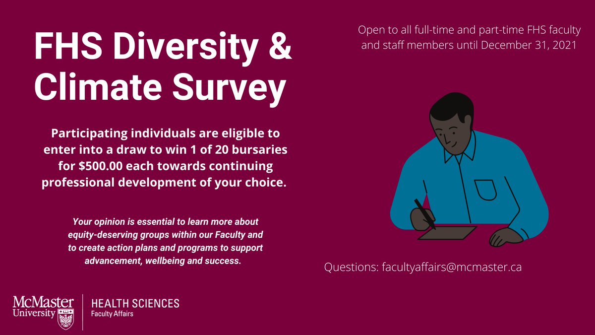 McMaster FHS Faculty Affairs (@fhs_facaffairs) on Twitter photo The FHS #Diversity & #Climate Survey is available to all <a href="/machealthsci/">McMaster Health Sciences</a> #faculty & #staff until December 31
Search "FHS Diversity & Climate Survey" in Outlook for your individualized survey link
For Questions: facultyaffairs@mcmaster.ca
<a href="/MacMidwifery/">McMaster Midwifery</a> <a href="/MacMedWRC/">McMaster University - Waterloo Regional Campus</a> <a href="/MacMedNRC/">McMaster University - Niagara Regional Campus</a> The FHS #Diversity & #Climate Survey is available to all <a href="/machealthsci/">McMaster Health Sciences</a> #faculty & #staff until December 31
Search "FHS Diversity & Climate Survey" in Outlook for your individualized survey link
For Questions: facultyaffairs@mcmaster.ca
<a href="/MacMidwifery/">McMaster Midwifery</a> <a href="/MacMedWRC/">McMaster University - Waterloo Regional Campus</a> <a href="/MacMedNRC/">McMaster University - Niagara Regional Campus</a>