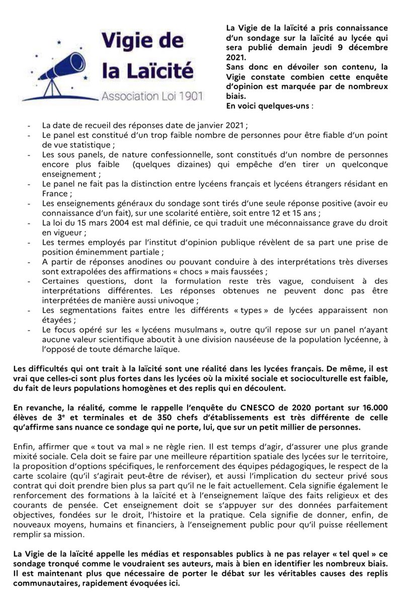 CP DE LA VIGIE DE LA LAÏCITÉ
à propos d’un sondage qui sera publié demain.
👉Sans en dévoiler son contenu la Vigie constate combien celui-ci est marqué par de nombreux biais.
👉La Vigie appelle donc les médias et personnalités publiques à la responsabilité dans son traitement.