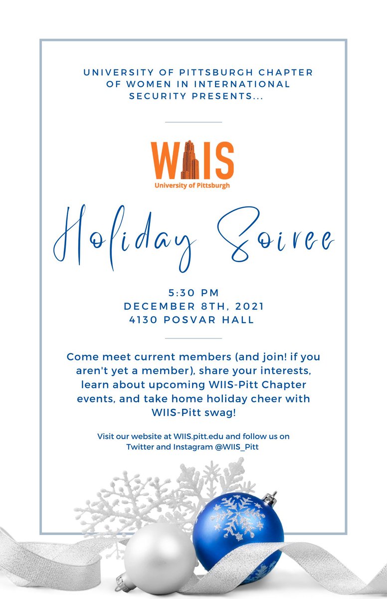 wiis_pitt's tweet photo. Please join us today for our Holiday Soirée. We are eager to meet you, talk about future events, and even get you signed up for membership! Make sure you pick up some WIIS merch and cookies to go too. See you tonight at 5:30pm! https://t.co/p4p0nHLBnB