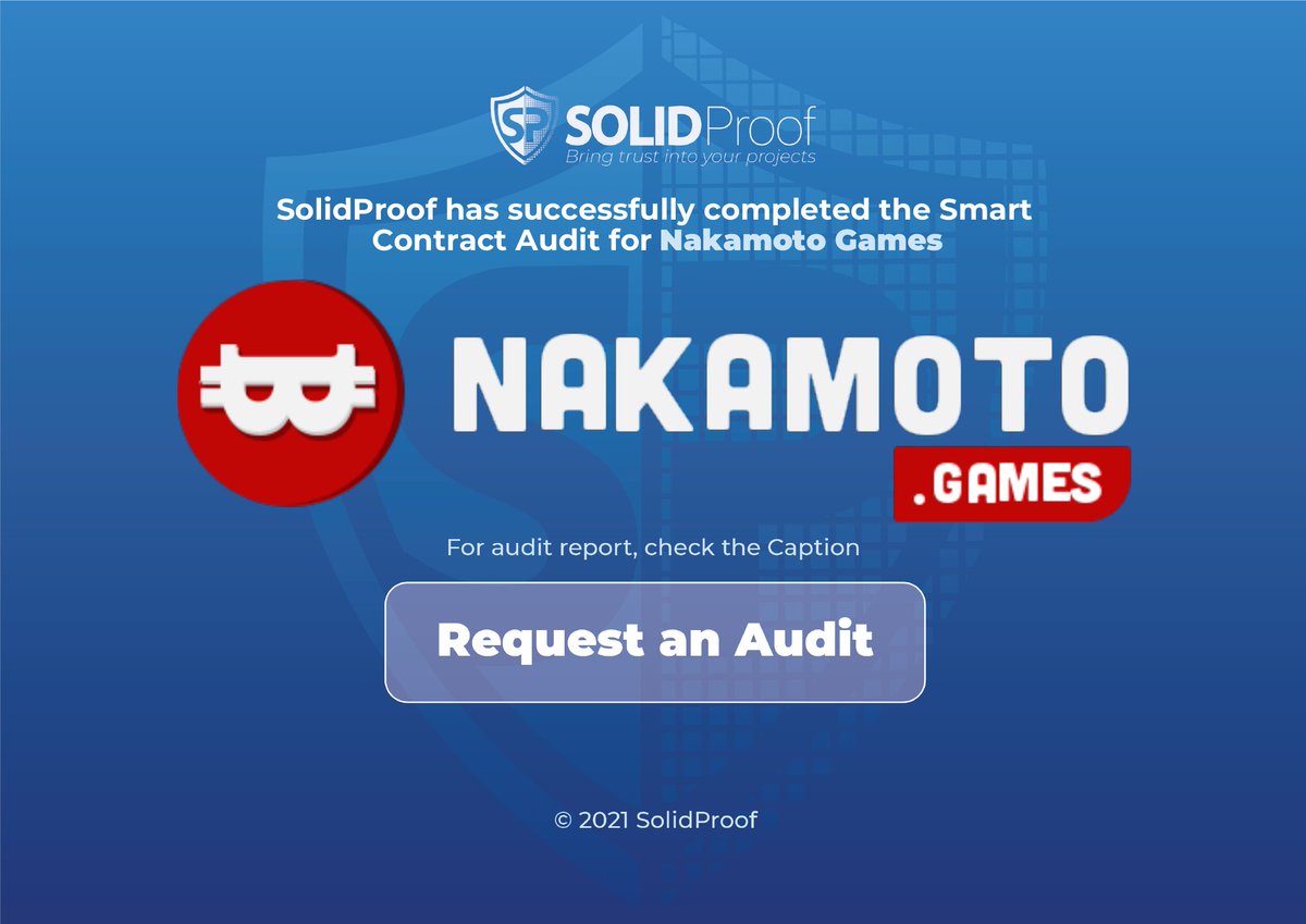 SolidProof_io's tweet photo. We are happy to announce that we have completed the smart contract audit for @NakamotoGames 

Need an audit?
https://t.co/i3evxJTtOP

Check out the full audit report here:
https://t.co/zgDP4OLERa

#SmartContracts #Blockchain https://t.co/sJzzP1niK6