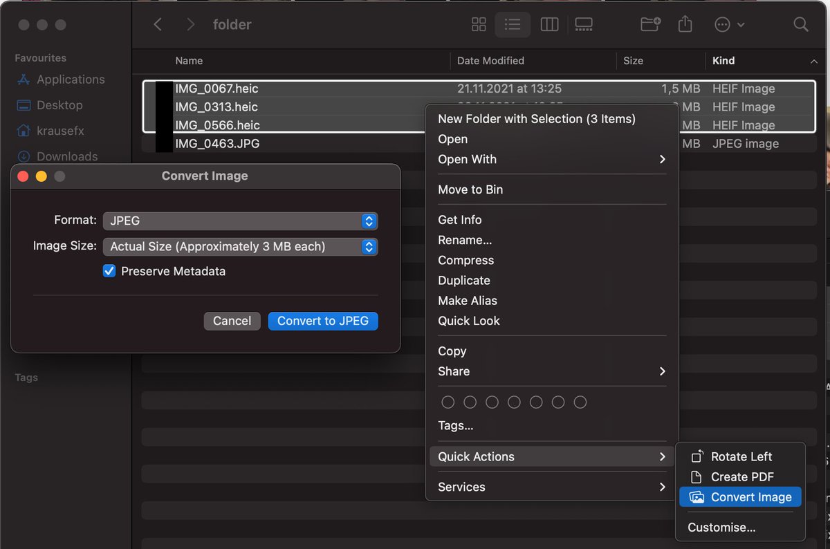 KrauseFx's tweet image. Converting HEIC files to JPGs is actually built into Finder now, no need to manually use ‘Preview’ or similar.