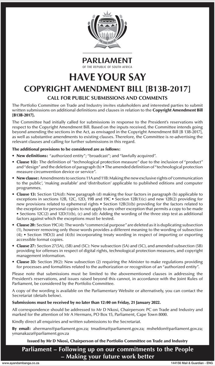 In case this concerns you. The deadline for submissions is January 21st, 2022. #CopyrightAmendmentBill