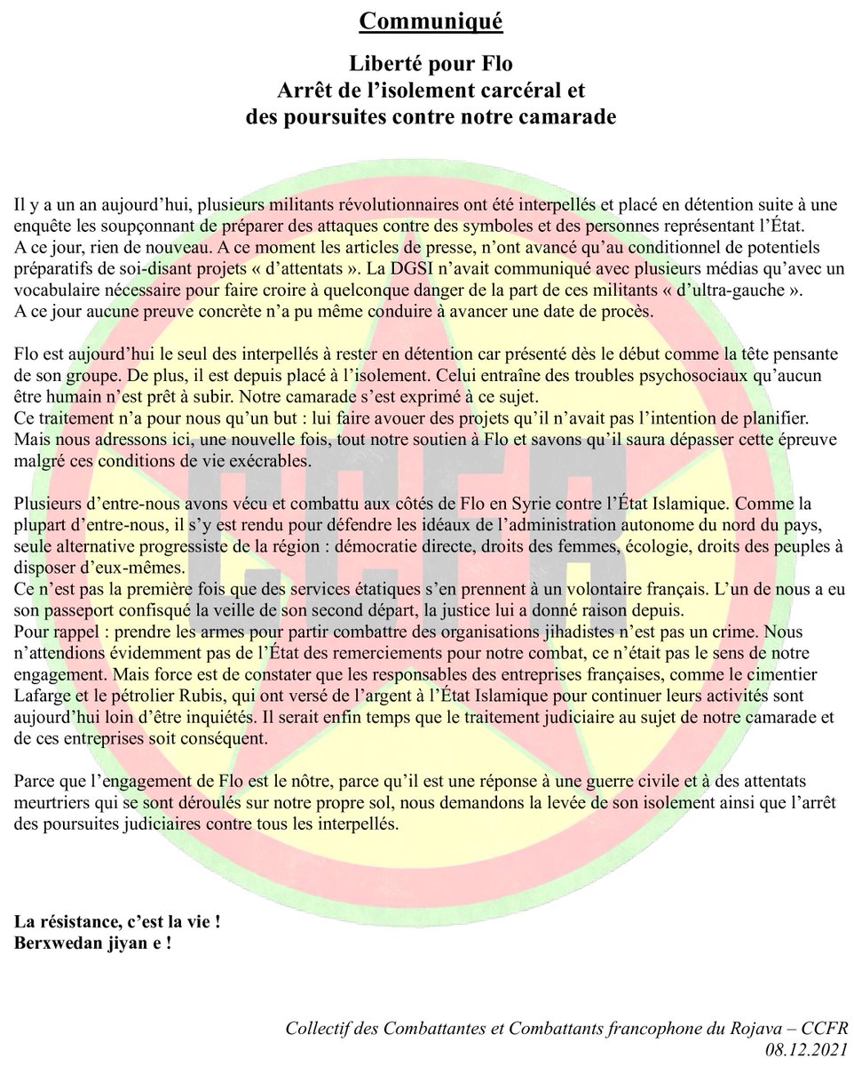 CCFRojava's tweet photo. Un an après l'arrestation de notre camarade, notre solidarité pour lui demeure intacte. Communiqué. https://t.co/nvh9iE6aGY