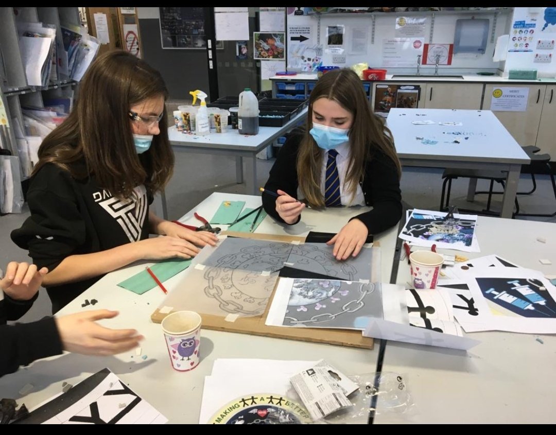 GHSArtdept's tweet photo. The Alan Potter mosaic got underway today and pupils have made great progress with the new school mosaic. More pics to follow! @BrodiesLLP @friendsofrsa #schoolaward @Greenfaulds_HS https://t.co/wE7e4aosHY