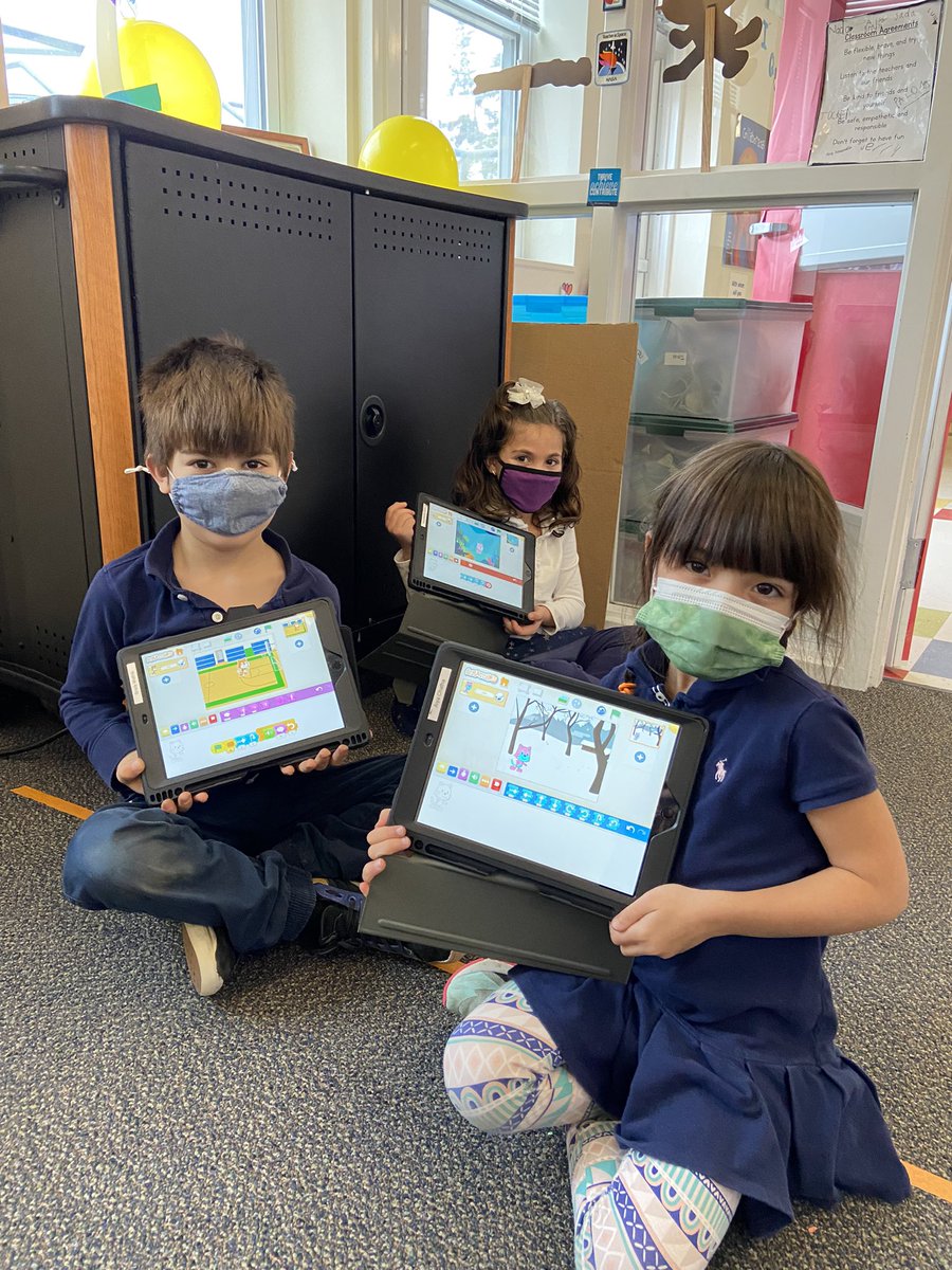 CompTeacherK_5's tweet photo. Explorations w/ @ScratchJr today was met w/ rave reviews by 1st graders! They ❤️: lots of characters, making characters move, adding pages &amp; backgrounds, changing numbers - EVERYTHING! @shady_side #SSAJuniorSchool #CSEverywhere @hourofcode #HourofCode2021 @CSEdWeek #csedweek2021 https://t.co/StdSL9C7Vm