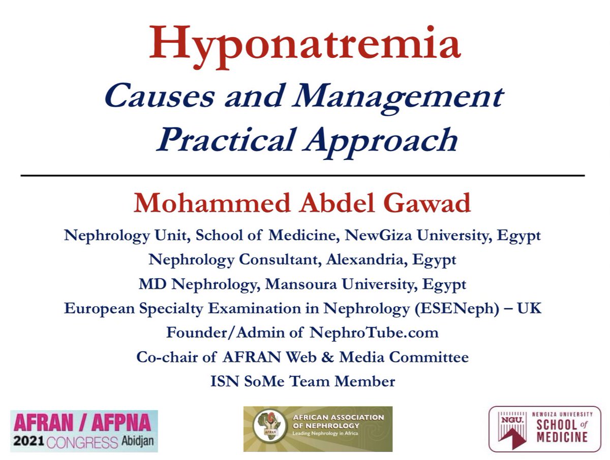 Gawad_Nephro's tweet photo. My first lecture presentation @AfricanAFRAN Congress Abidjan ➡️ Hyponatremia "Causes and Managment; Practical Approach". Really it is an honor.
#AFRAN_Congress_2021
@elliotktannor @PrAniang @GAshuntantang @khalida_soki @kemuntoMD @nicloda https://t.co/cnOED1fzei