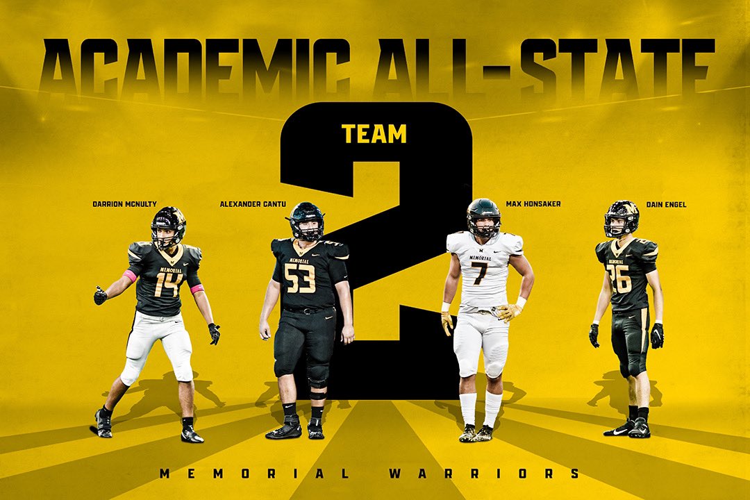 FMHSRecruits's tweet photo. Congrats to these young men, selected as 2nd Team Academic All-State! Proud of these WARRIORS! 

LB Max Honsaker
DB Dain Engel
DL Alexander Cantu
WR Darrion McNulty

#MemorialMade #RecruitWarriors https://t.co/wzoxuvUGmG