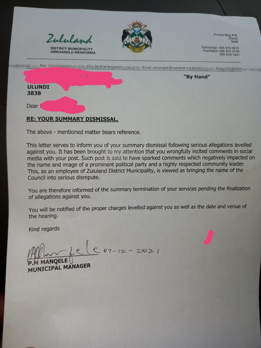 vusumuzikhoza's tweet photo. Wow, look what the IFP Mayor & Municipal Manager @ZululandDistrict Municipality are doing to staff. Political purging & intolerance. The @IFPinParliament must intervene here or else! When forced to take sides, we will choose workers. How do you dismiss then charge?#DefendWorkers https://t.co/o3SKegC2Ih