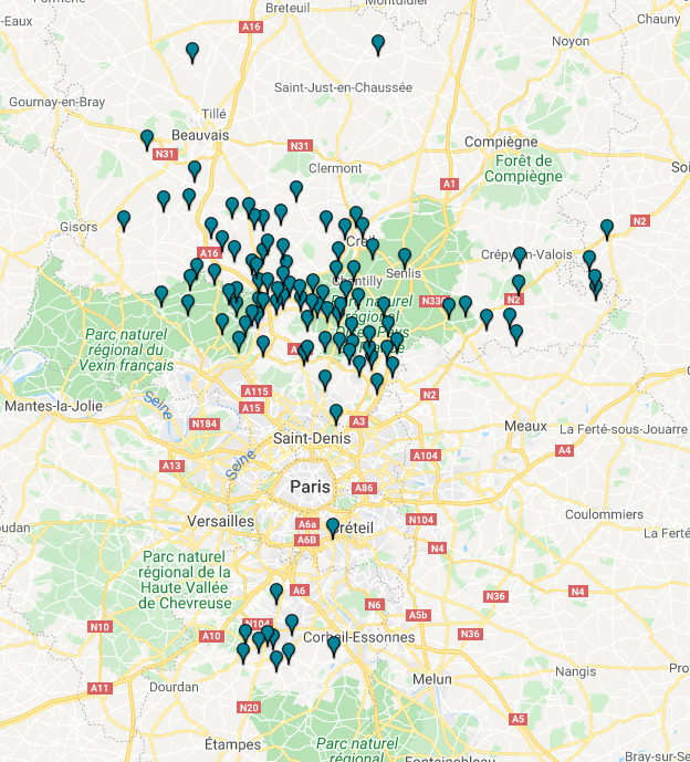 Socgenial's tweet photo. Et à la suite du précédent tweet, localisation de mes ancêtres en 1650 dans la zone correspondant à l'ancienne généralité d'Île-de-France #Généalogie https://t.co/CzVoVAiDYt