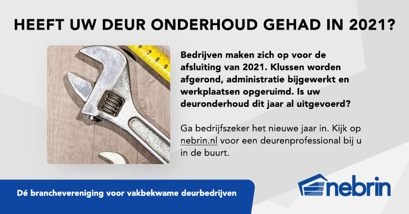 Heeft u dit jaar uw industriedeuren al laten onderhouden? Laat jaarlijks onderhoud uitvoeren door een NEBRIN deurenprofessional en ga bedrijfszeker het nieuwe jaar in. #onderhoud #industriedeuren #toegangen #periodiek #bedrijfszeker #goedgeregeld #ontzorgen