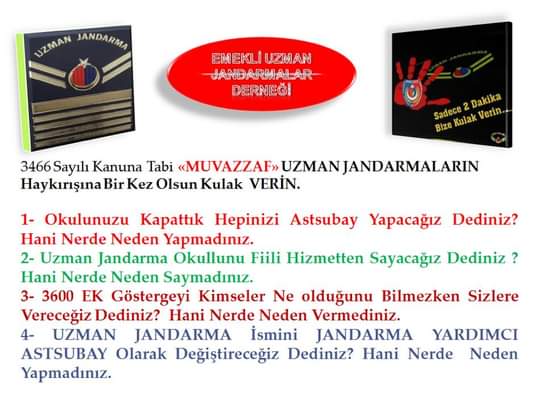 Uzman Jandarmaİçin
3600 Ek Gösterge,
Okulun Fiili Hizmetten Sayılması,
Statü, İsim Değişikliğini istiyoruz,
<a href="/jandarma/">T.C. Jandarma Gn. K</a> <a href="/RTErdogan/">Recep Tayyip Erdoğan</a> <a href="/suleymansoylu/">Süleyman Soylu</a> <a href="/dbdevletbahceli/">Devlet Bahçeli</a> <a href="/mehmetersoy57/">Mehmet Ersoy🇹🇷</a> <a href="/UlviYonter/">Dr.İzzet Ulvi YÖNTER</a> <a href="/SermetAtay/">Sermet Atay</a> <a href="/MustafaYel59/">Mustafa Yel🇹🇷</a> <a href="/celalettingvnc/">Celalettin Güvenç</a>  <a href="/celebimehmeta/">Mehmet Ali Çelebi</a> <a href="/CulhaMetanet/">M. Metanet ÇULHAOĞLU</a>