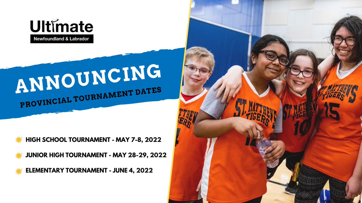 NL_ULTIMATE's tweet photo. 📣 We’re excited to announce the 2022 Ultimate NL Provincial Tournament dates!
High School – May 7-8, 2022
Junior High – May 28-29, 2022
Elementary – June 4, 2022
Stay tuned, more details to come! Thank you #vscnl for your past support in making the event such a success! https://t.co/maSeioOndQ