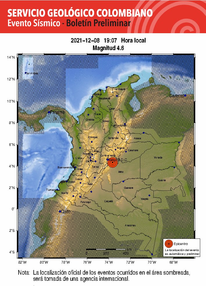 sgcol's tweet photo. #SismosColombiaSGC Evento Sísmico - Boletín Preliminar, 2021-12-08, 19:07 hora local. Magnitud 4.6. #NoticiaEnDesarrollo #Temblor #Sismo ¿Sintió este sismo? repórtelo https://t.co/ehDqPbETsf Más información: https://t.co/h4VVP0556L https://t.co/f9tzeo2fbj