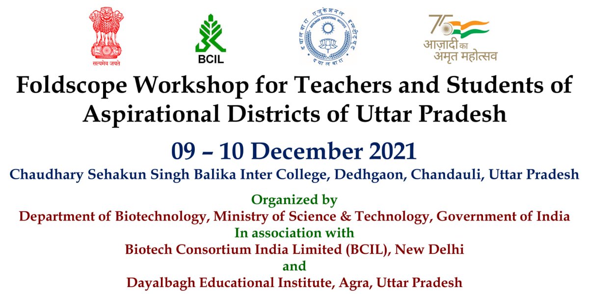 Two-days <a href="/DBTIndia/">Department of Biotechnology</a> #Foldscope workshop in association with <a href="/Biotech4India/">BCIL</a> and #DayalbaghEducationalInstitute being organized in Dedhgaon village for #Chandauli #Shravasti #Sonbhadra #Fatehpur #Bahraich #Siddarthnagar #Balrampur #Chitrakoot aspirational districts of #UttarPradesh.