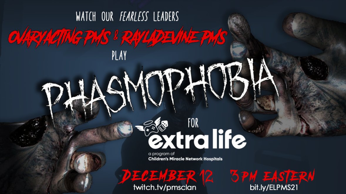 On #ExtraLife Game Day, we raised $2,141 &amp; are shy of our $2,500 goal. Join PMS Clan Leaders as they fearlessly go hunting on #Phasmophobia ➡️THIS⬅️ Sunday, Dec 12th at 3PM to try and reach our final goal!

💙Save the date &amp; learn how to donate at the link pmsclan.com/events-1/pms-e…