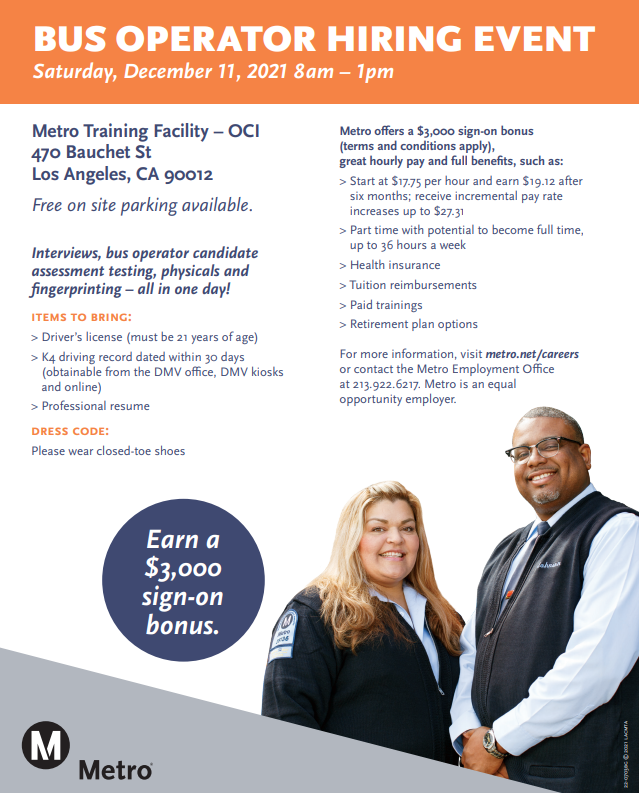 kathrynbarger's tweet image. Get moving and advance your #career! Join @metrolosangeles on Saturday, Dec. 11 for their #busoperator #hiring event.