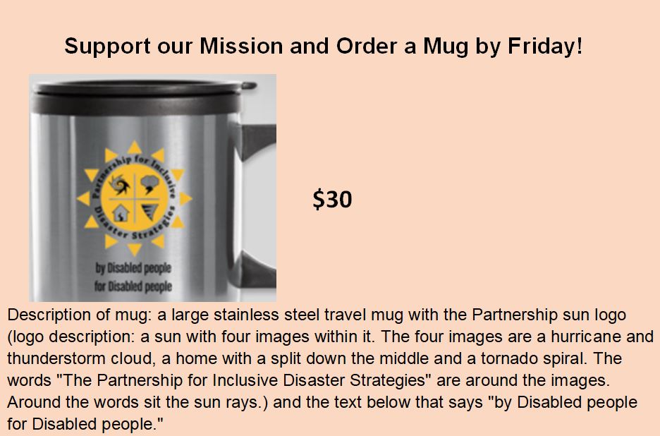 disasterstrat's tweet photo. Two days left to order your Partnership Mug!
Order here: https://t.co/ajMKoFBzxU
#DisabLedDisasterRelief #Donate #SupportNonProfits https://t.co/EfaKmNArZA