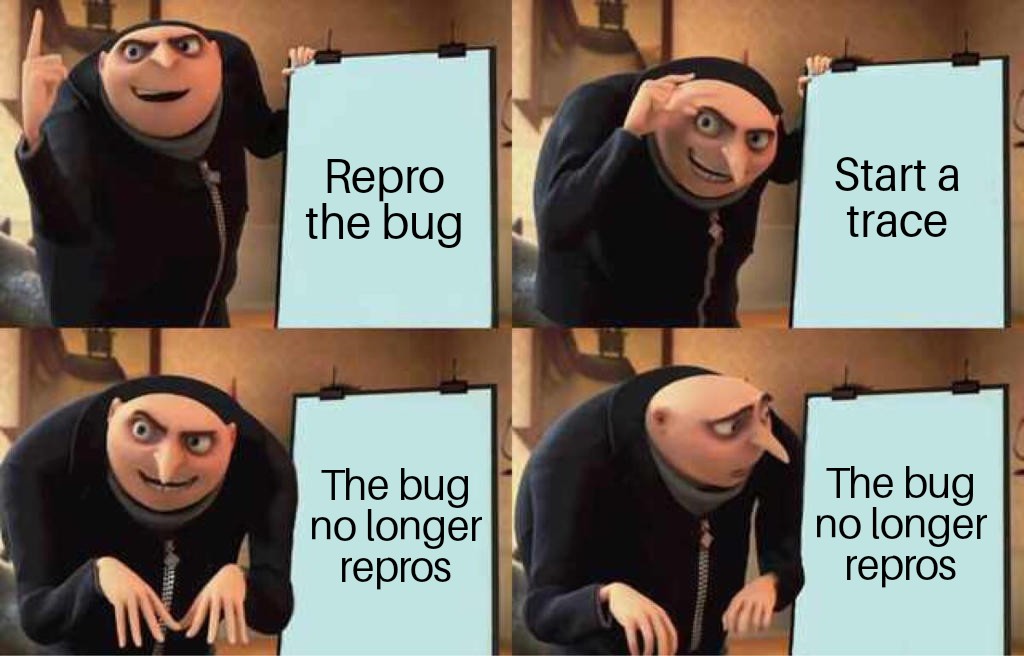 4 panel meme template - Gru's master plan.

Gru stands in front of a presentation, gesturing passionately.

Step 1: Repro the bug

Step 2: Start a trace

Step 3: The bug no longer repros

Wait, what? Gru looks back at his presentation in confusion, realizing suddenly there may be a flaw in this plan