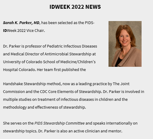Colorado Pediatric Infectious Diseases (@copedsid) on Twitter photo Congratulations to Dr. Sarah Parker <a href="/HandshakeASP/">Sarah Parker</a> who was named <a href="/PIDSociety/">PIDS</a> #IDWeek2022 Chair! Dr. Parker leads the <a href="/COpedsID/">Colorado Pediatric Infectious Diseases</a> #antimicrobialstewardship program and pioneered #handshakestewardship which is now recognized by #JCAHO and #CDC as a core element and leading practice.👏 Congratulations to Dr. Sarah Parker <a href="/HandshakeASP/">Sarah Parker</a> who was named <a href="/PIDSociety/">PIDS</a> #IDWeek2022 Chair! Dr. Parker leads the <a href="/COpedsID/">Colorado Pediatric Infectious Diseases</a> #antimicrobialstewardship program and pioneered #handshakestewardship which is now recognized by #JCAHO and #CDC as a core element and leading practice.👏