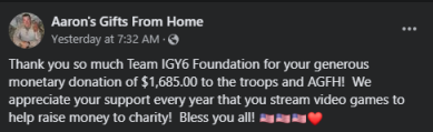 TeamIGY6's tweet photo. Thank you everyone that supported our Thanksgiving Charity drive in support of Aaron's Gifts Home. We raised a total of $1685 for them. They will use that to make care packages for our brothers and sisters over seas. https://t.co/WPgIXq8zKK