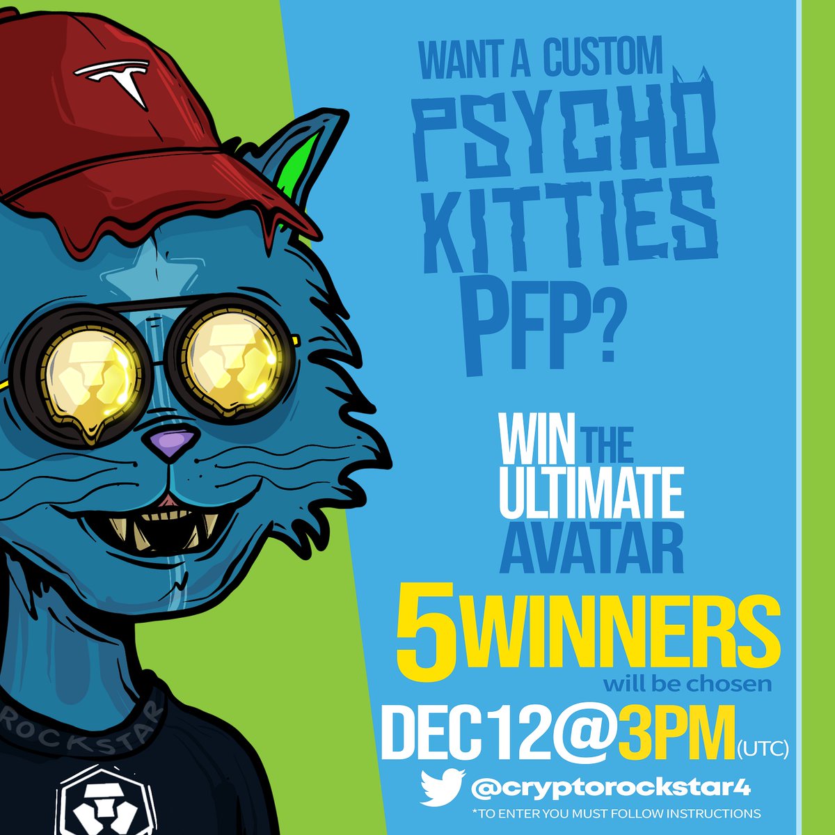 Want custom PsychoKitty PFP? Pick your fav style and add-ons. WIN the ULTIMATE avatar #CroFam #Cro #NFTCommunity #NFTGiveaway #FFTB

1⃣Follow <a href="/PsychoKittiesOG/">PsychoKitties</a>, <a href="/Ugonzo_art/">UGθηZθ</a>, <a href="/Cryptorockstar4/">cryptorockstar</a> &amp; <a href="/ElRealGenius/">GENIUS</a>
2⃣❤+🔁
3⃣Tag 5 Friends

5 WINNERS THIS SUNDAY!