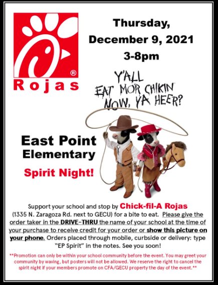 East Point ES (@eastpointes1) on Twitter photo Mark your calendar!! Enjoy some Chick-fil-A and support our #SpartanStrong students β€οΈππ#eatmorechicken <a href="/CPoblano2/">Claudia Poblano</a> <a href="/RubinaJurado/">Rubina Flores-Jurado</a> <a href="/NAstorga_APMME/">Noel Astorga</a> <a href="/PdlRose/">EMSTX_SchoolCounselor</a> <a href="/AdrianaArenas79/">Adriana Arenas</a> Mark your calendar!! Enjoy some Chick-fil-A and support our #SpartanStrong students β€οΈππ#eatmorechicken <a href="/CPoblano2/">Claudia Poblano</a> <a href="/RubinaJurado/">Rubina Flores-Jurado</a> <a href="/NAstorga_APMME/">Noel Astorga</a> <a href="/PdlRose/">EMSTX_SchoolCounselor</a> <a href="/AdrianaArenas79/">Adriana Arenas</a>