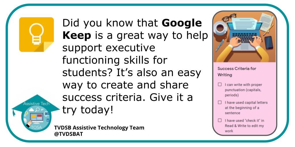 Re-usable.
Easy to create.
Interactive success criteria checklists.
Quick access learning supports.

Learn more about Google Keep at bit.ly/ATClassroom under Resources/Organizational Support