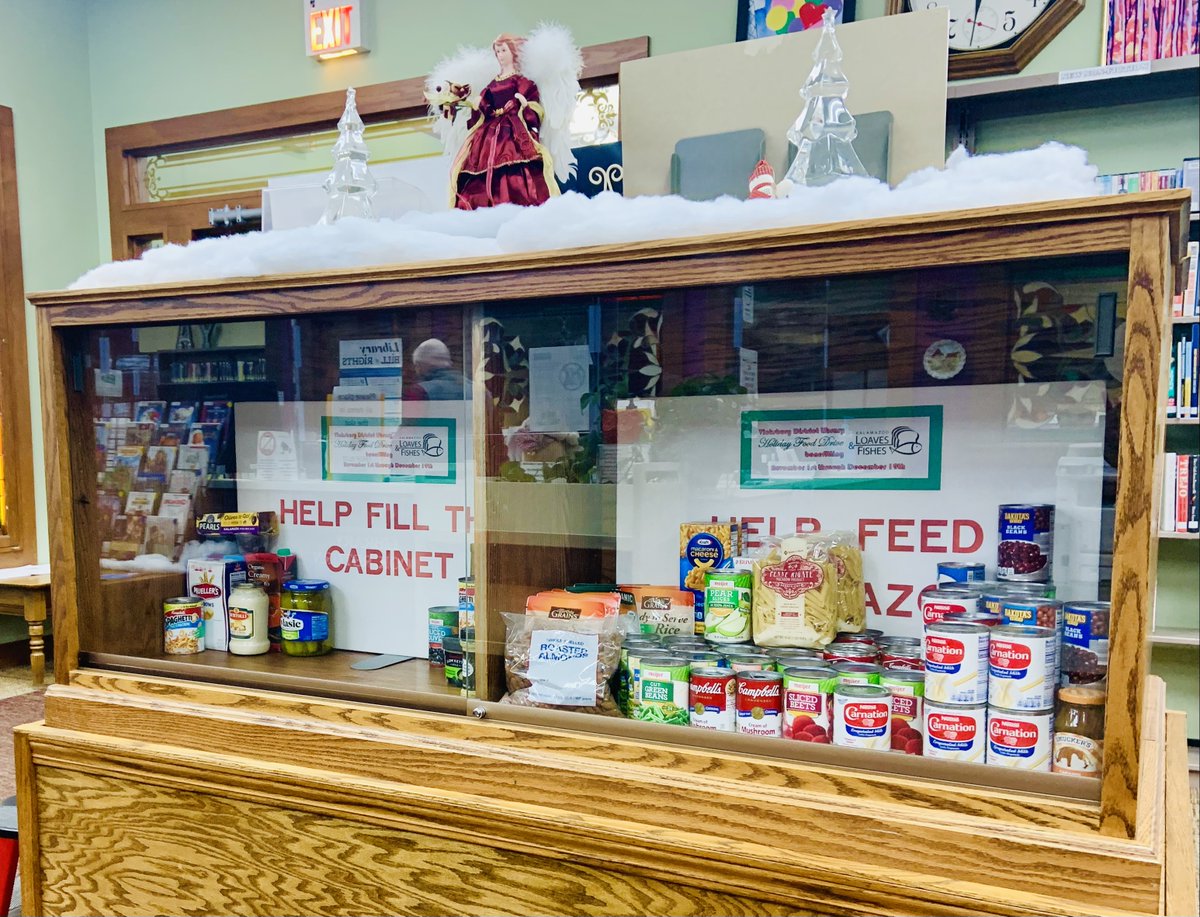 VicksburgMiLib's tweet photo. (1) Hello everyone and happy holidays to one and all! While things have slowed down since Thanksgiving, we are still accepting donations benefitting Kalamazoo Loaves &amp; Fishes. We are working to stuff our display cabinet once more. At Thanksgiving, we were halfway to... https://t.co/t218rHxvYf