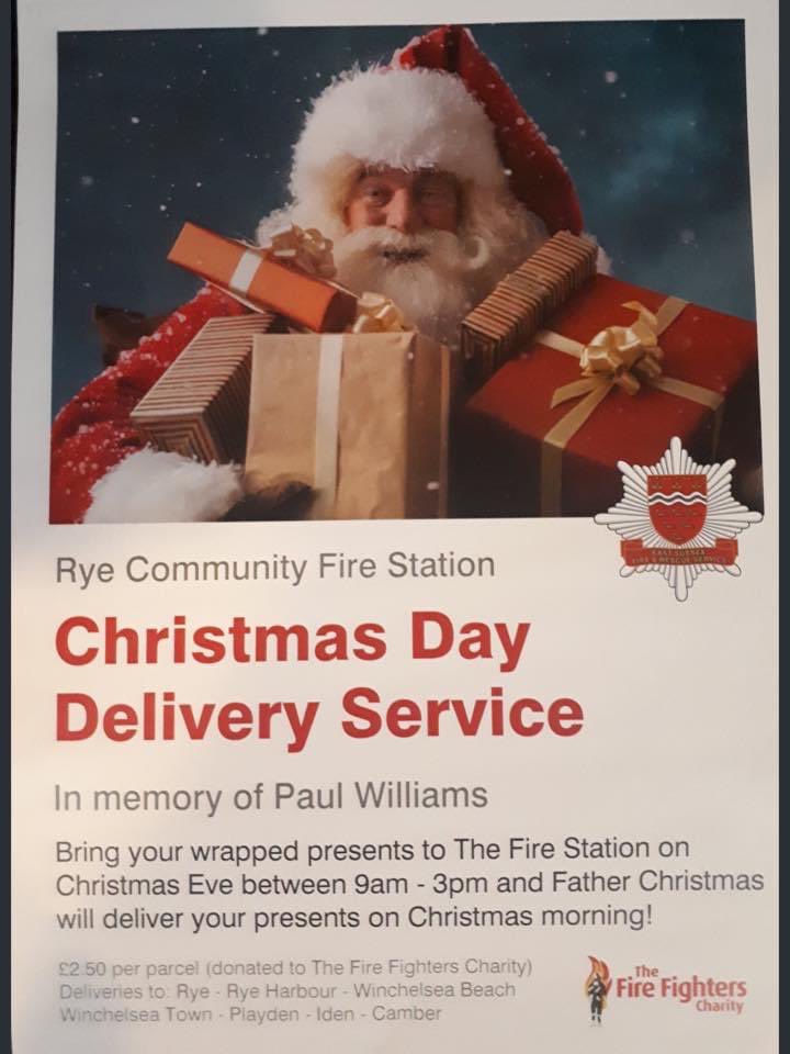 Subject to government guidelines Rye Fire Station will be running their Father Christmas delivery service on Christmas Day. Bring your parcels to the station on Christmas Eve with a donation of £2.50 per parcel. All proceeds will be going to <a href="/firefighters999/">Fire Fighters Charity</a>.