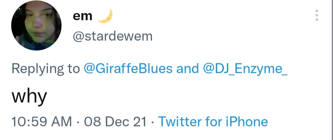 GiraffeBlues's tweet photo. @stardewem @DJ_Enzyme_ Wow I can't believe I caught you being biphobic on the TL #EmilyIsOverParty https://t.co/XRJBR90TAg
