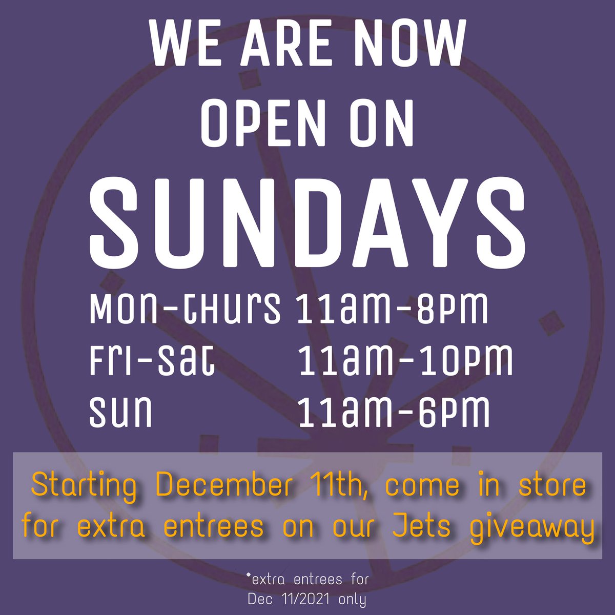 FlintAndEmbers's tweet photo. SUNDAY, December 11th we will be open!!
(And every other Sunday after that) 

In honor of F&amp;E’s first Sunday open, our Jets giveaway entrees will be increased to 5!
5 EXTRA entrees for Sunday shoppers, 5 times the chance to win!!!

💛💚💙
Flint &amp; Embers Team
100-1065 Portage, WPG https://t.co/fNAthDG1vo