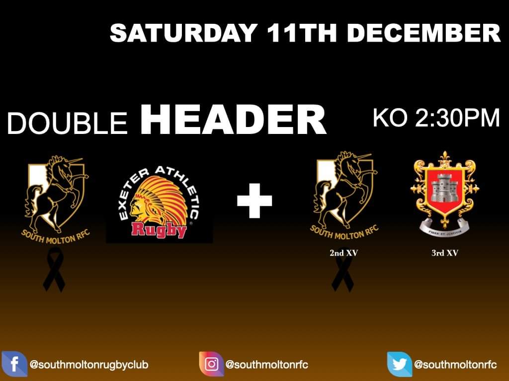 11th DECEMBER DOUBLEHEADER WEEKEND

1st
🆚️ Exeter Athletic 
📍 Main Pitch, South Molton
🕒 2:30pm

2nd 
🆚️ Barnstaple 3rd XV
📍 Kingdon Park, South Molton
🕒 2:30pm

🖤