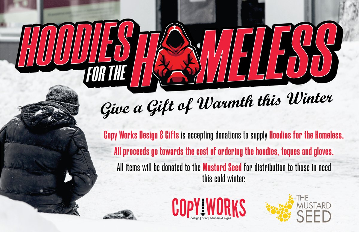 Stop by Copy Works and help give a gift of warmth.  #coopmall #tshirts #hoodies #mugs #donation #localprintshop