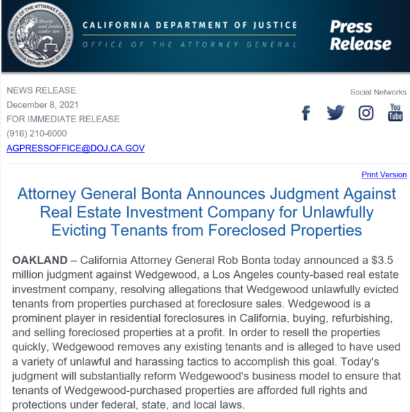 solomonout's tweet photo. Huge news out of Attorney General @AGRobBonta's office today:

$3.5 million judgement against Wedgewood, the Redondo Beach real estate investment group whose business model is to buy up foreclosed homes, evict the tenants, and flip the homes for a profit. https://t.co/eAlddqJWCZ https://t.co/oHn0iSxJEE