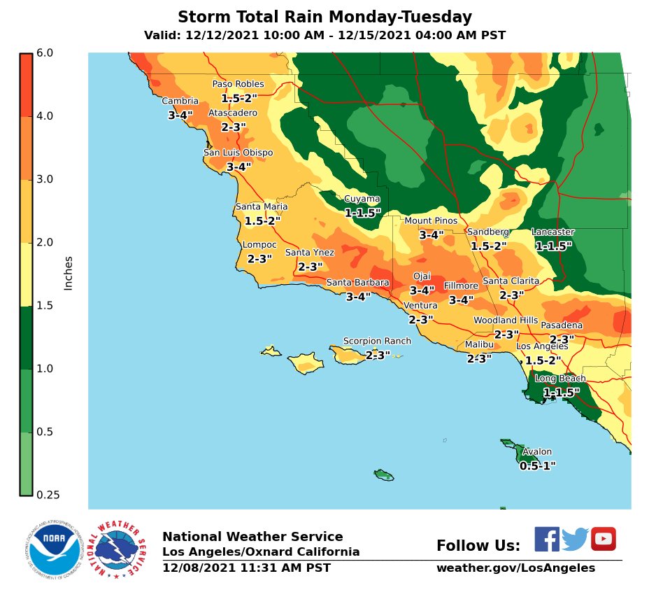 NWSLosAngeles's tweet image. Confidence continues to grow with a fairly significant storm system to affect much of California next week.  Here's the latest forecast for total precipitation amounts in our area with most of it falling on Monday and Tuesday. #cawx #LArain
