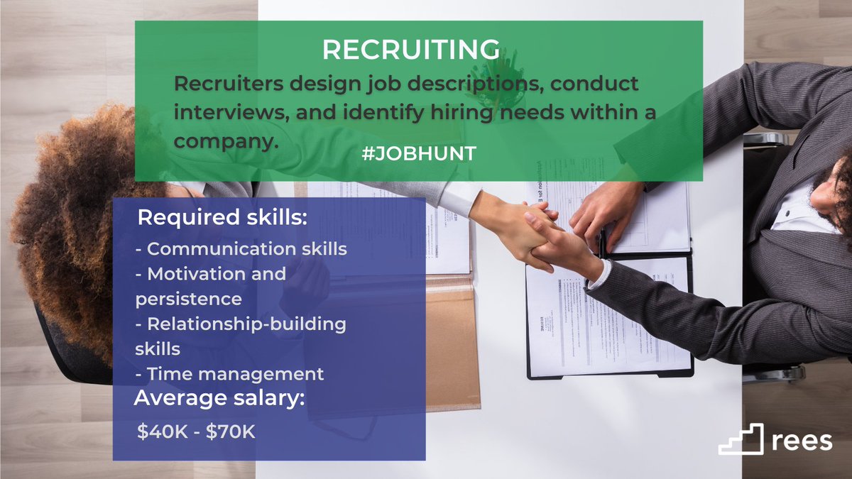 Recruiters are the backbones of every company. They are the people who craft an all-star team within the office by discovering &amp; hiring your awesome coworkers! 

If you are a people-person with great organizational skills, this might be the role for you!
#jobhunt #careerguidance