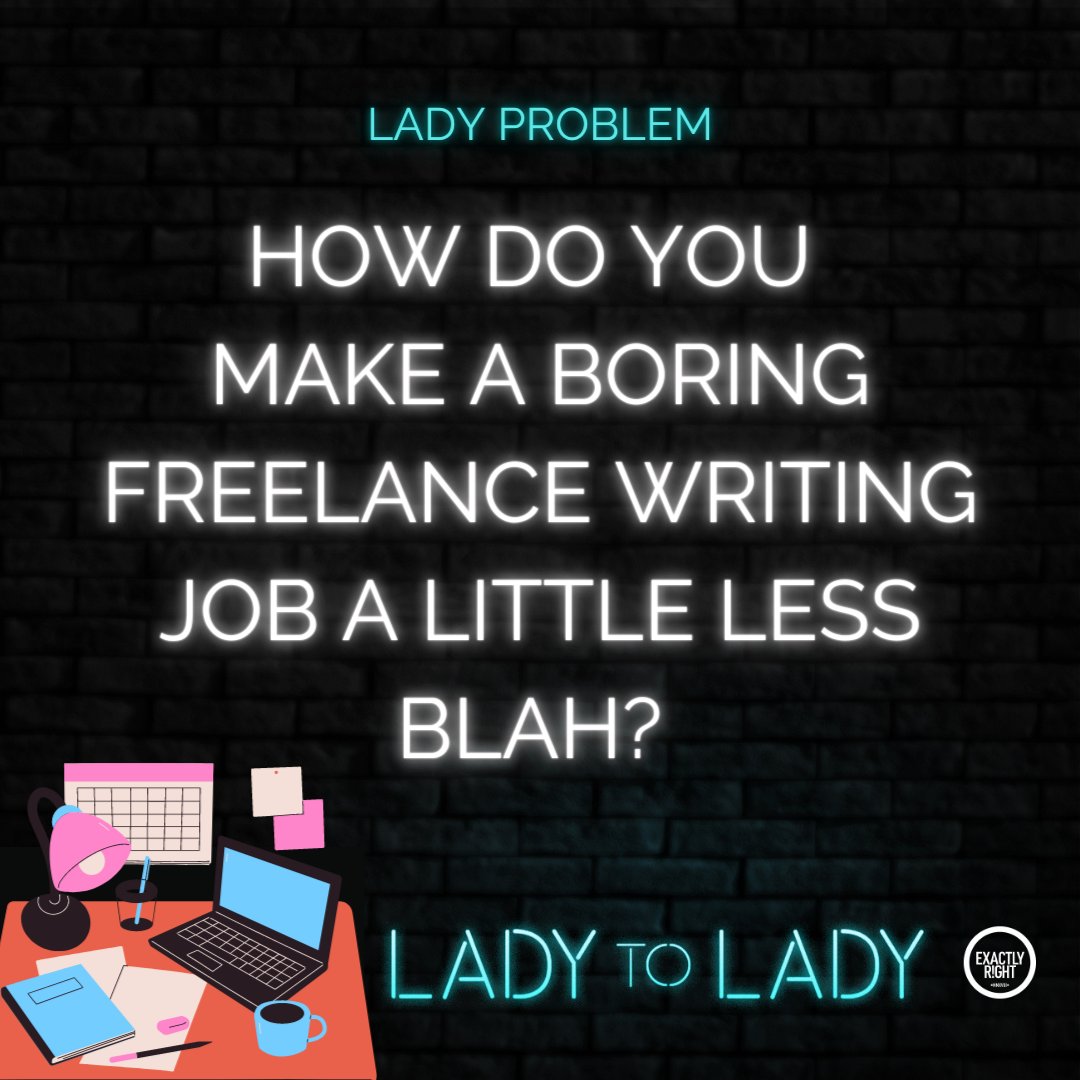 Lady2LadyComedy's tweet photo. #LadyProblem: This week we have a listener wanting to know how to deal with a boring writing job. @TesstifyBarker has some hot hacks, what are yours?

Listen in for the whole story! @ExactlyRight on @Stitcher 
https://t.co/TqIxD0C7Qz https://t.co/gspZMuWgZ7